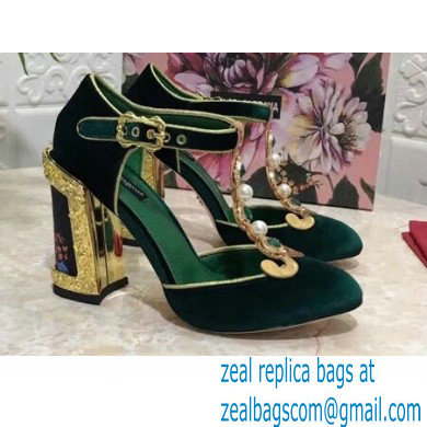 Dolce & Gabbana Heel 10.5cm T-strap Sandals Green with Pearls 2021 - Click Image to Close